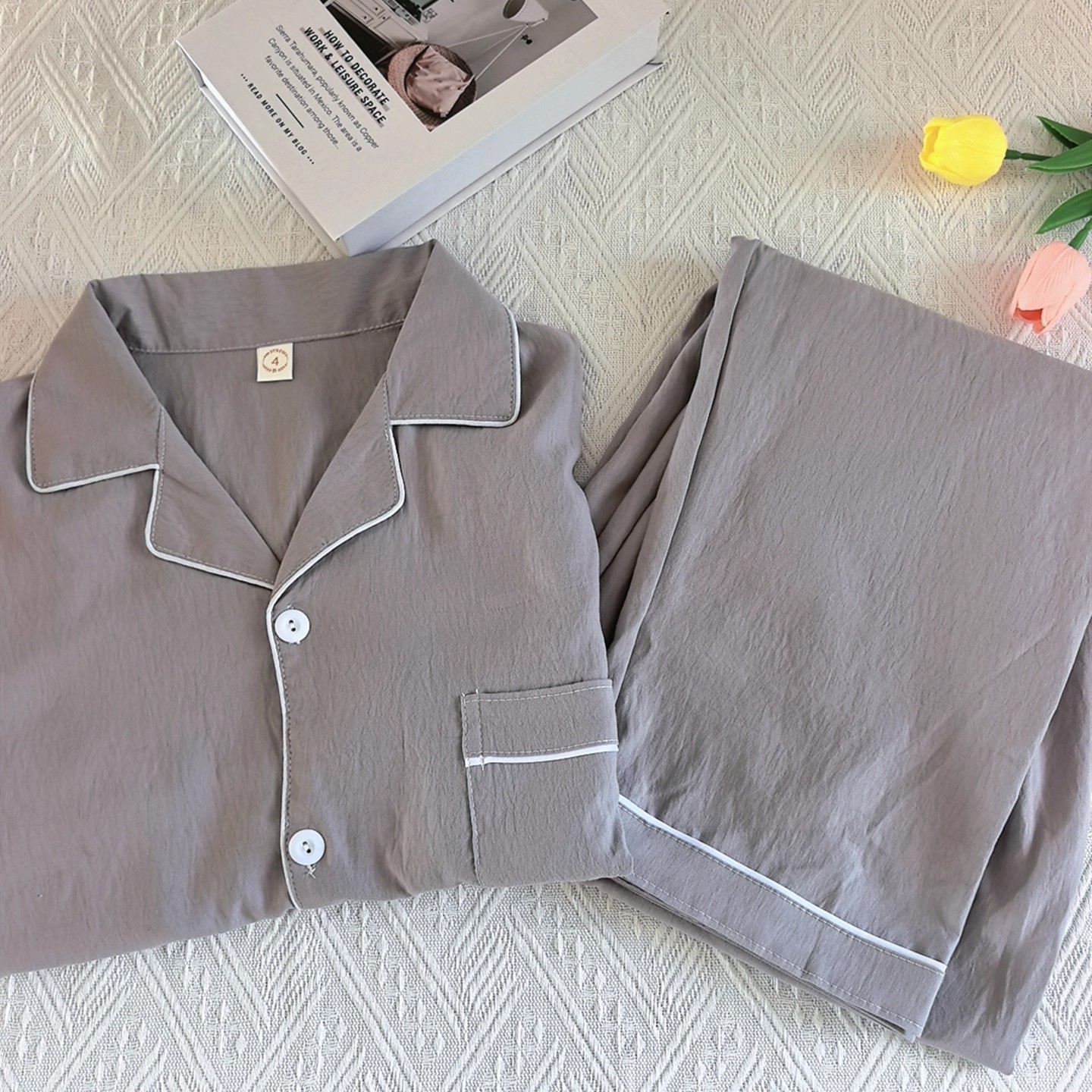 Yunduo Pure Cotton Gauze Men's Pajamas Spring and Autum Long-Sleeved Simple Pure Color High-End Can Be Worn Outside Home Clothes Summer Suit