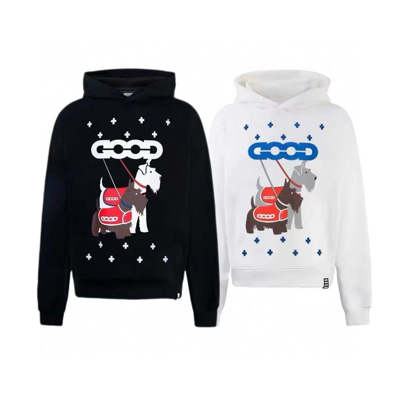 25 Trendy Goodbrand Embroidered Cross Schnauzer Print Hooded Pullover Sweatshirt for Men and Women Couples