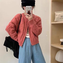 韩系秋冬多巴胺糖果色针织衫女新款复古圆领麻花小个子毛衣外套潮