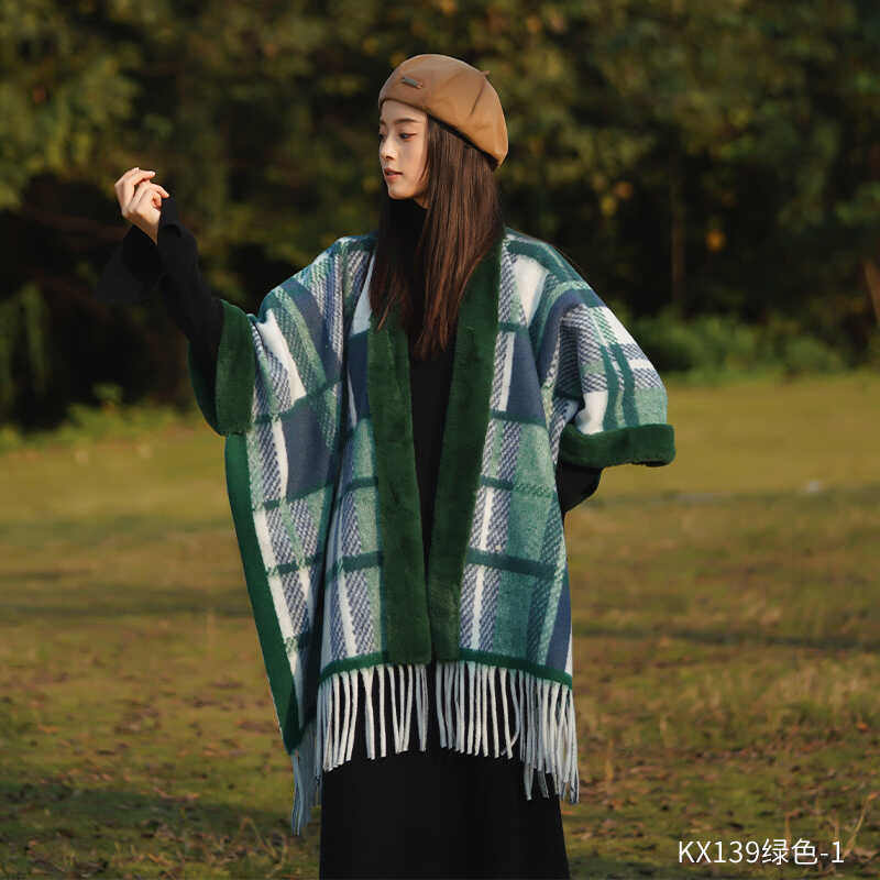 Chaqueta de abrigo de capas de bordas a cuadros franceses de otoño para mujeres con un pequeño chal de lana con una bufalla de abrigo grueso