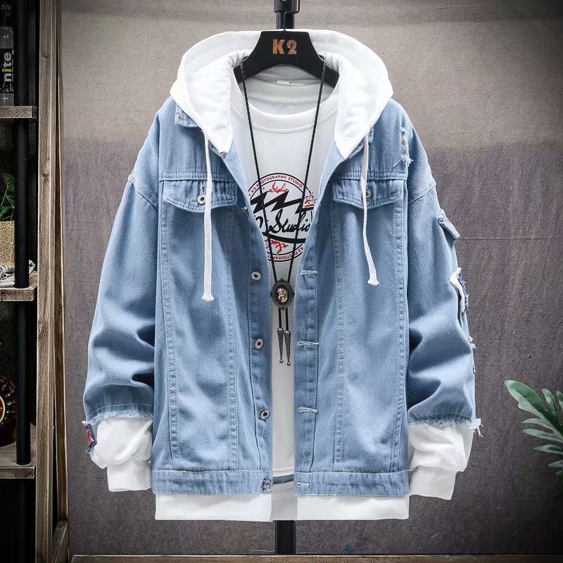 Fake Two-piece Denim Jacket Men's Korean-style Fashionable Spring and Autumn Jacket Loose Casual Student's Autumn Fashionable Brand Wei Clothes Fake Two-piece Denim Jacket Men's Korean-style Fashionable Spring and Autumn Jacket Loose Casual Student's Autumn Fashionable Brand Wei Clothes