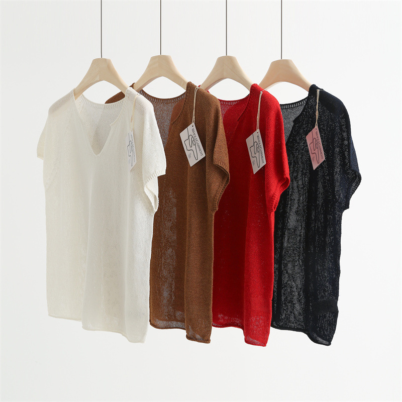 Dry and Breathable Cotton and Paper Yarn Rolled-Edge Raglan Sleeve Top V-Neck Short-Sleeve Knit Shirt Women's T-Shirt V2008 Dry and Breathable Cotton and Paper Yarn Rolled-Edge Raglan Sleeve Top V-Neck Short-Sleeve Knit Shirt Women's T-Shirt V2008