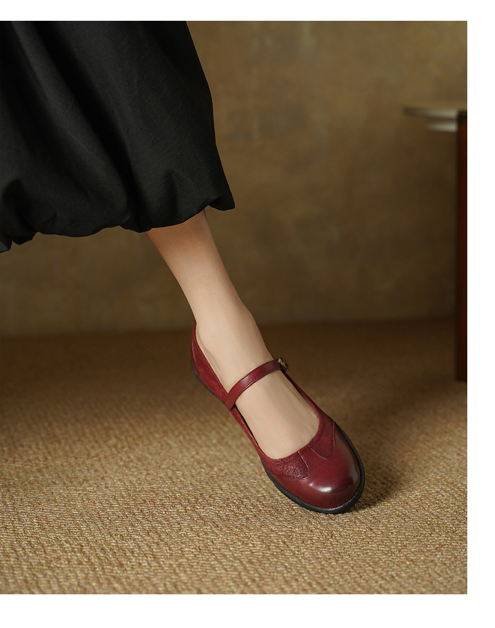 Giày Mary Jane nữ da bò mũi tròn đế mềm gót trung vintage phong cách JK Anh — đen chi tiết 6