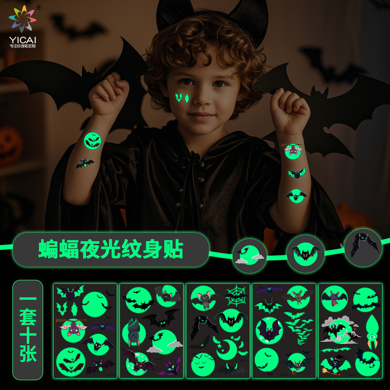 Cross-Border Luminous Halloween Stickers Temporary Luminous Tattoo Stickers Bat Spider Web Luminous Tattoo Day of the Dead