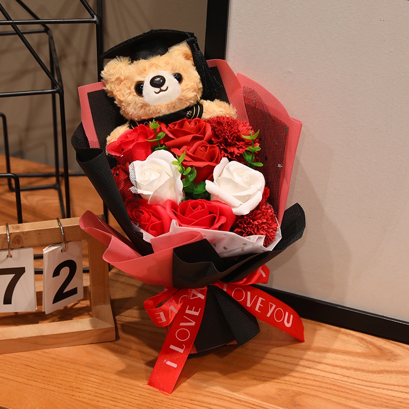 Bonito oso de peluche ramo de rosas tela muñeca de peluche juguete flores oso muñeca regalo ramo de graduación