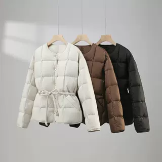 2026冬季新款圆领90白鸭绒短款羽绒服系带显瘦欧货高品质百搭外套