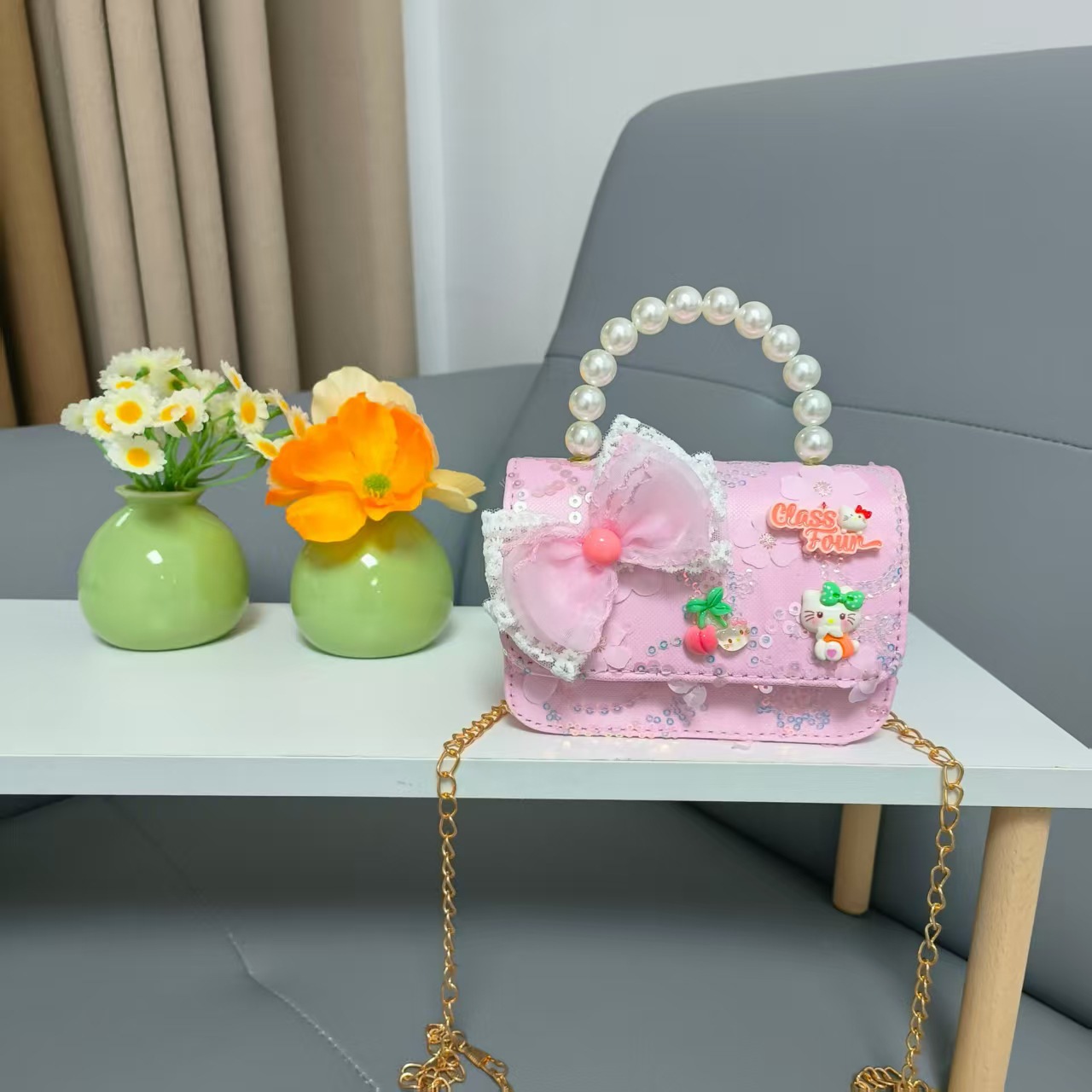 Niños perlas bolsos portátiles de princesa arco de mariposa Kullomi cadenas bolsos de Año Nuevo de chicas pequeñas bolsas de mochila de viento fragante