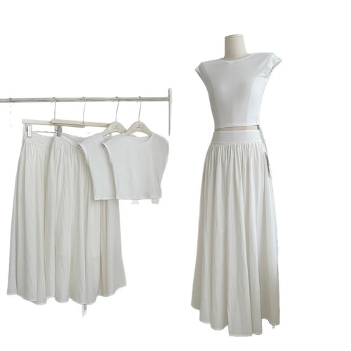 150 Petite Women's High-End Outfit Set: Short-Sleeve T-Shirt Top, High-Waisted Midi Skirt, Medium-Long Umbrella Dress