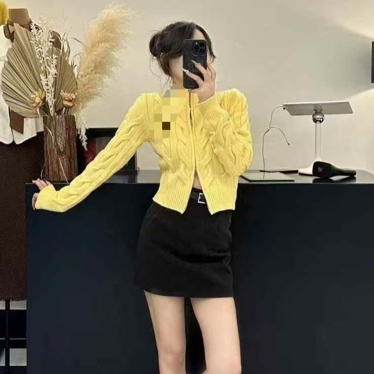 跨境外贸双拉链毛衣 麻花刺绣立领毛衣外套女 拉夫女装提花针织衫