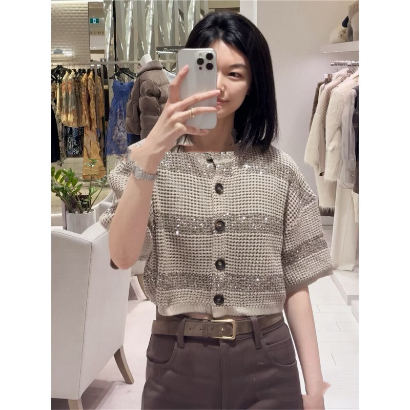 Mall-Style Aesthetic Color Scheme Bc Old Money Style Lazy and Casual Sequin Yarn Hollow Stripe Short-Sleeve Cardigan Mall-Style Aesthetic Color Scheme Bc Old Money Style Lazy and Casual Sequin Yarn Hollow Stripe Short-Sleeve Cardigan