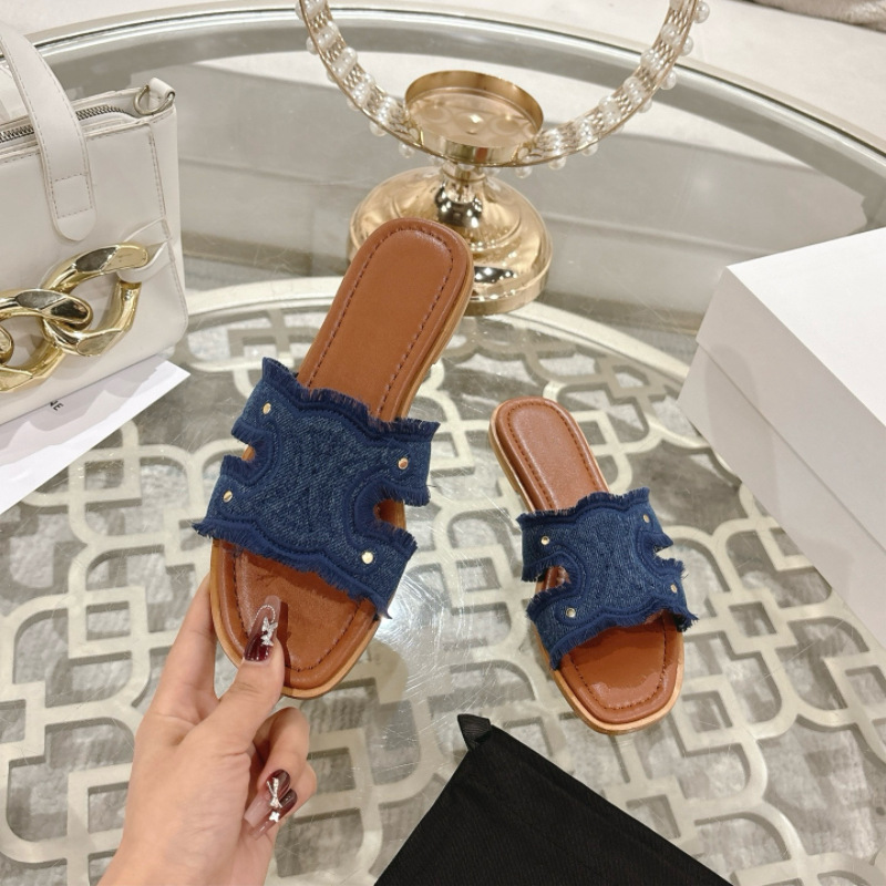 鼎版！女性がデニムブルーのフレンチスリッパを着用できるトライアンフアーチのフラットスリッパ、レトロなスタイル|undefined