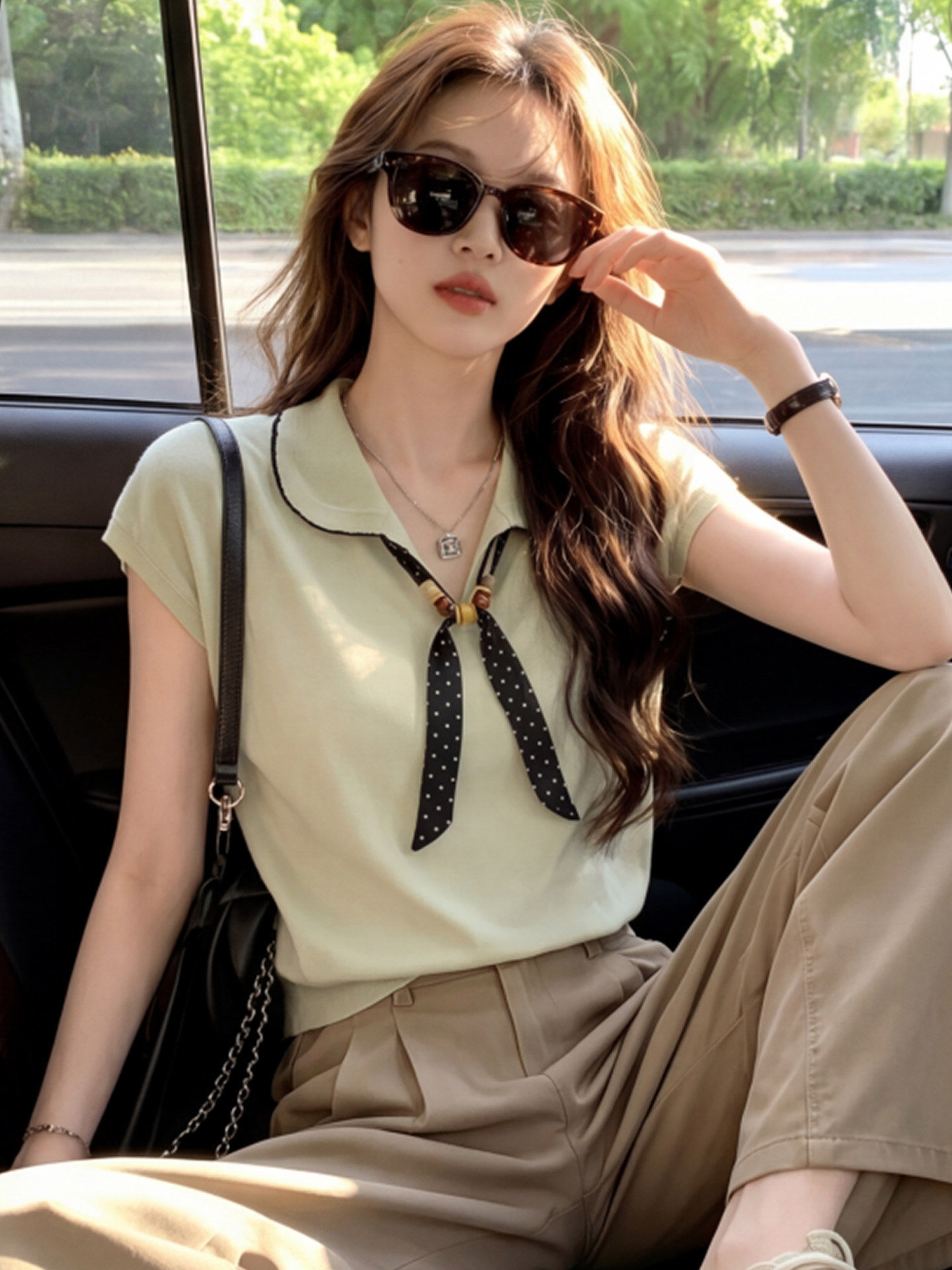 Áo thun nữ cổ tròn tay ngắn họa tiết chấm bi phong cách Pháp — Màu ảnh