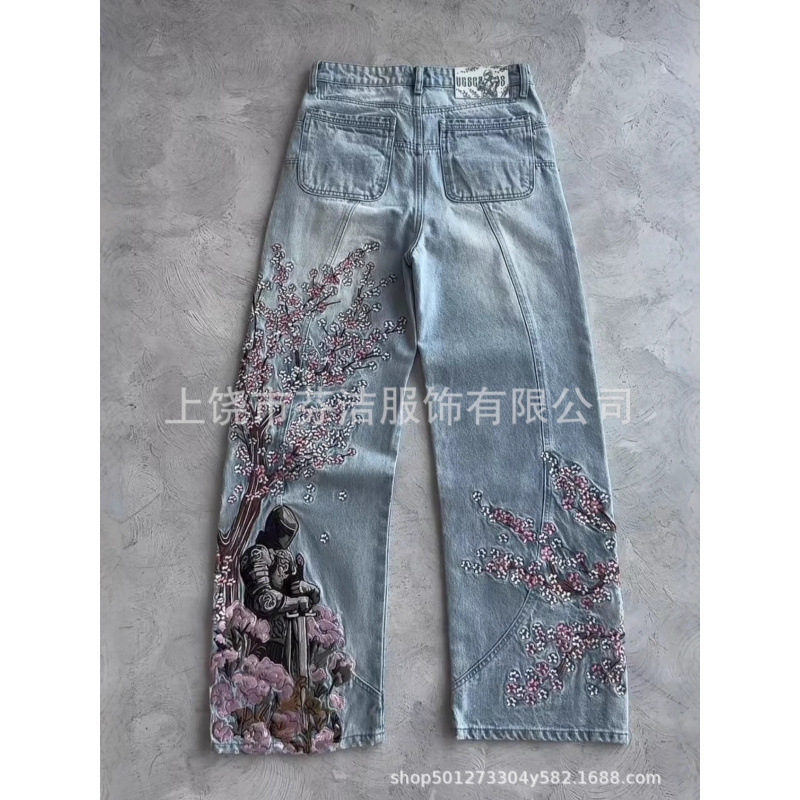 2025 New Cross-Border Foreign Trade Model for Independent E-commerce: European and American Floral 3D Digital Print Imitation Jeans Straight-Leg Floor-Length Pants 2025 New Cross-Border Foreign Trade Model for Independent E-commerce: European and American Floral 3D Digital Print Imitation Jeans Straight-Leg Floor-Length Pants