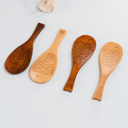 Internet celebrity creative hand-carved spoon dry rice tableware Japanese-style rice shovel lotus wood fish-shaped rice spoon tail with lanyard hole