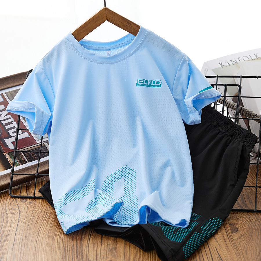 Children's Ice Silk Quick-drying Clothes suit Boys Summer Short-sleeved Shorts 2024 New Style Sports suit for Middle and Large Boys