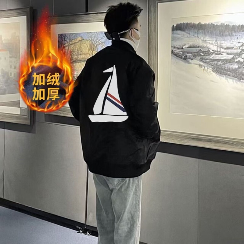 Loose-fitting sailboat-print casual jacket, a trendy and versatile baseball jacket for autumn and winter, suitable for both men and women, and students