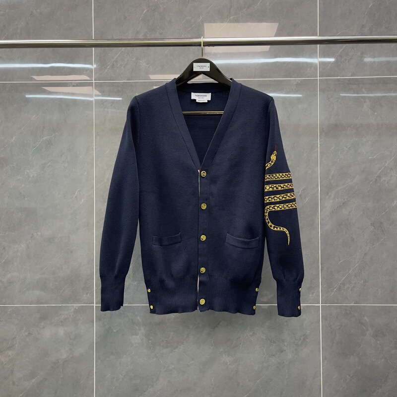 Trendy Tb Year of the Snake Limited Edition Snake Pattern Embroidered Metal Five-Button V-Neck Knitted Cardigan Sweater Jacket for Men