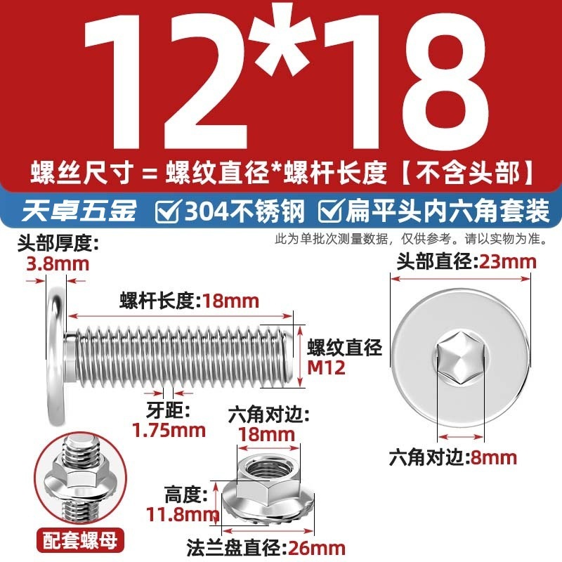 304不锈钢CM大平头超薄头C头扁平头内六角螺丝钉法兰边螺母套装M5|undefined