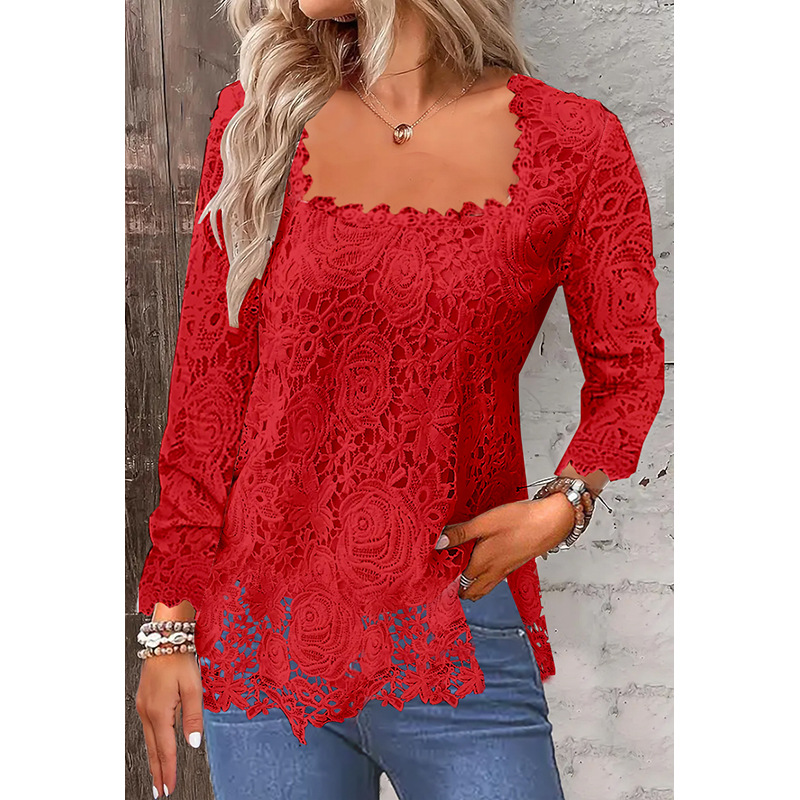 Independent Website 2026 European American Foreign Trade Autumn And Winter New U-neck Square Collar Lace Base_ecoleips.com