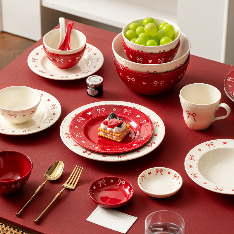 Bowknot Ceramic Tableware Set for Girls, Underglaze Colored Red English-Style Teacup, High-End Wedding Gift, Household Bowl
