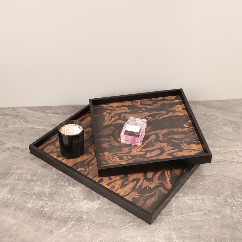 Modern Simple Handmade Black Leather Edge Wood Grain Aromatherapy Decorative Tray Living Room Bedroom Hallway Home Decorations