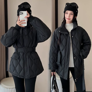 收腰系带菱格羽绒棉棉服女立领短款灯笼袖加厚显瘦冬季棉衣外套