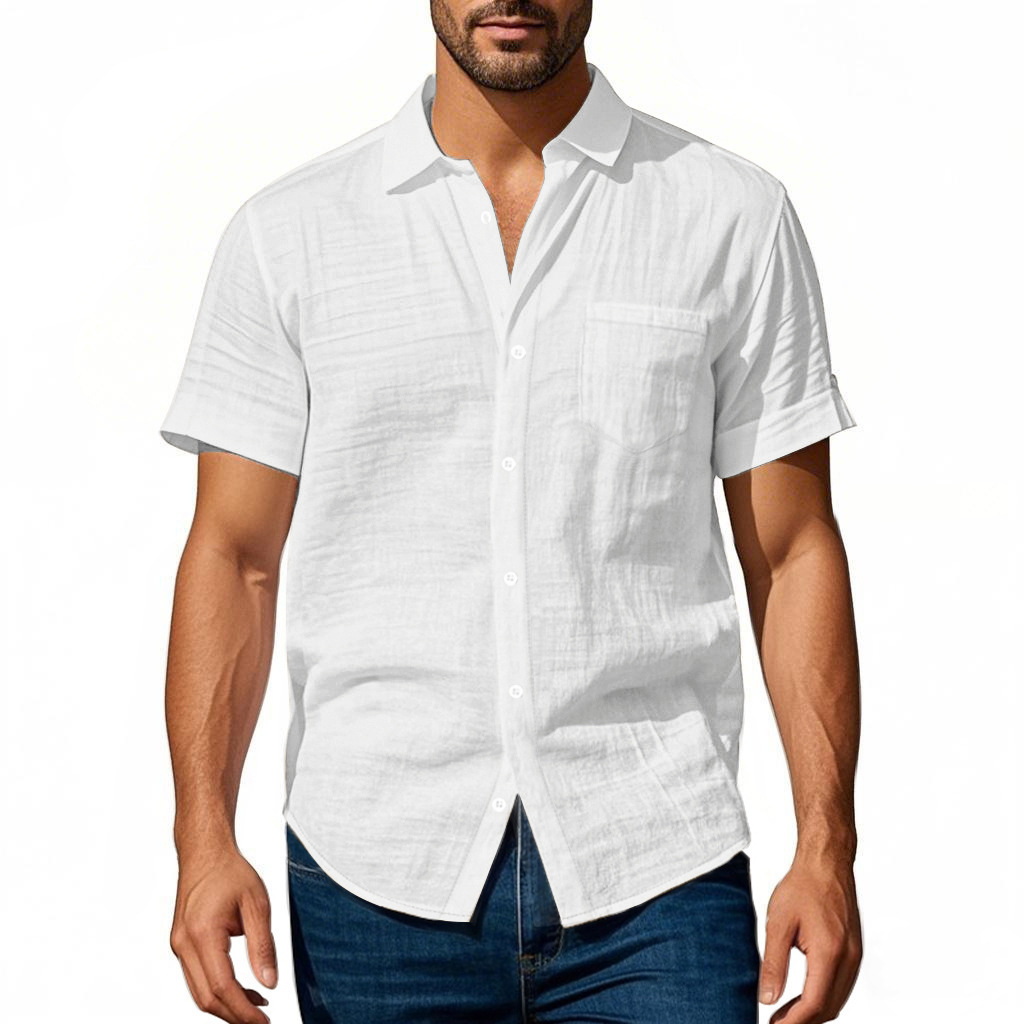T-shirt homme en lin à col chemise manches courtes ample_voghion.com
