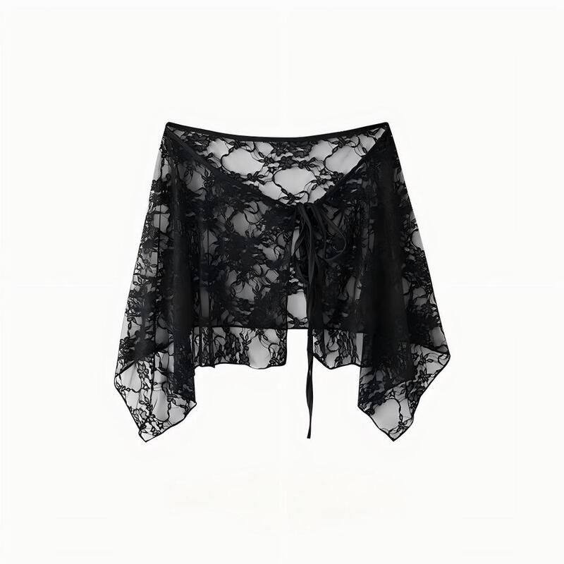 Irregular Hem One-Piece Lace-Up Black Lace Skirt for Women, Versatile and Fashionable for All Seasons, a Stylish Accessory