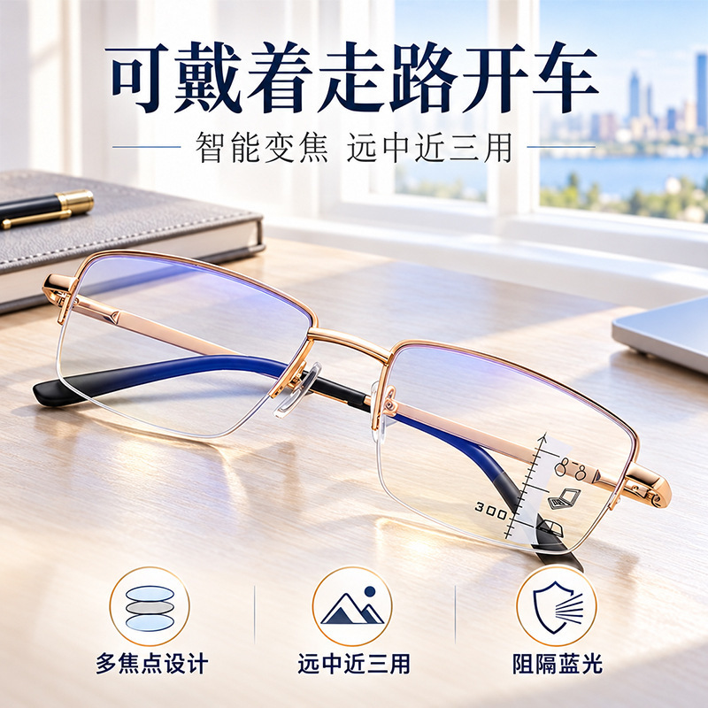 Half-Frame Anti-Blue Light Reading Glasses, Progressive Multi-Focus Reading Glasses for Both Distance and Near, Clear and Comfortable Reading Glasses Half-Frame Anti-Blue Light Reading Glasses, Progressive Multi-Focus Reading Glasses for Both Distance and Near, Clear and Comfortable Reading Glasses