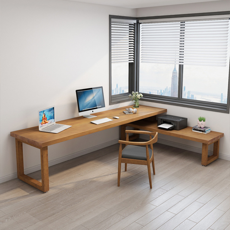 Modern Minimalist High-Low Corner Desk, All Solid Wood Office Desk for Small Apartments, L-Shaped Single-Person Desktop Computer Desk