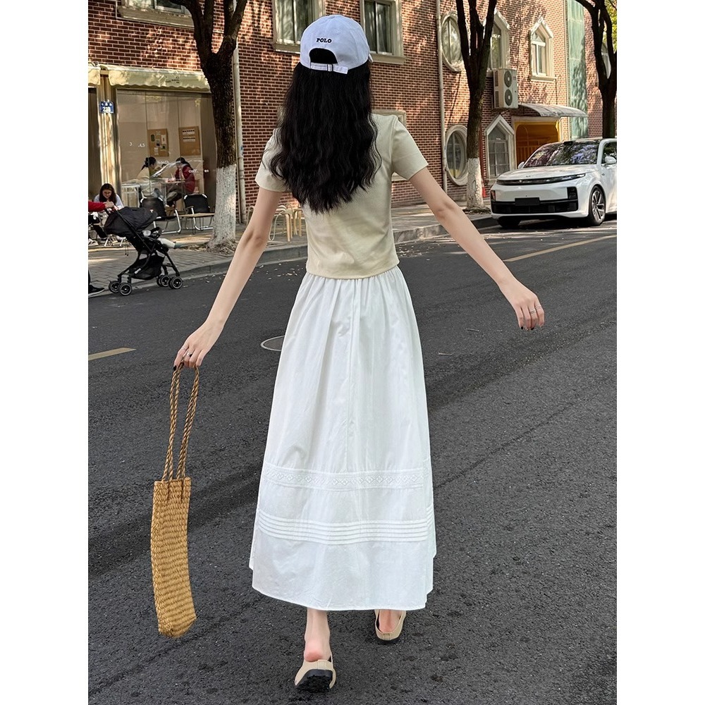 Chân váy xòe chữ A trắng phong cách Hàn Quốc eo thun — Màu trắng (vải cotton lót túi)