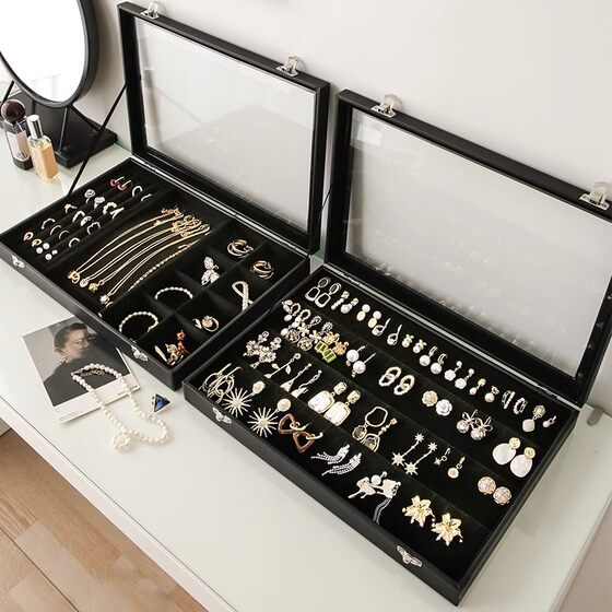 Glass Large Black Jewelry Display Storage Box Earrings Plaid Bracelet Pendant Necklace Cultural Toy Ring Box