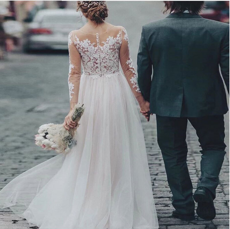 Europa y América del Comercio Exterior Amazon AliExpress deseo nuevo cuello redondo vestido de novia encaje apliques manga larga elegante encargo