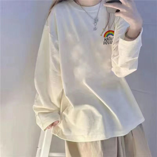 Heavyweight pure cotton long-sleeved T-shirt for women, loose spring and autumn base shirt, student versatile black top clothing, ins trendy