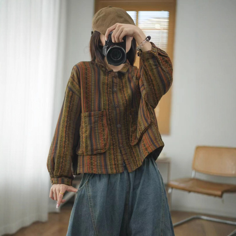 2025秋韩版宽松复古双纱印花立体口袋翻领外套百搭休闲上衣女8331|undefined