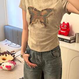 美式复古扎染蝴蝶正肩t恤夏季设计感小众短袖短款上衣ins