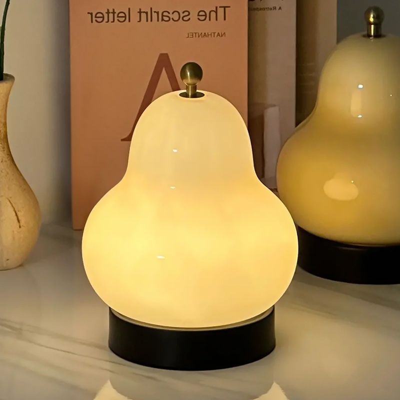 Cream Pear Table Lamp Internet Celebrity High-End Mid-Century Style Bedroom Bedside Lamp Glass Charging Touch Portable Night Light