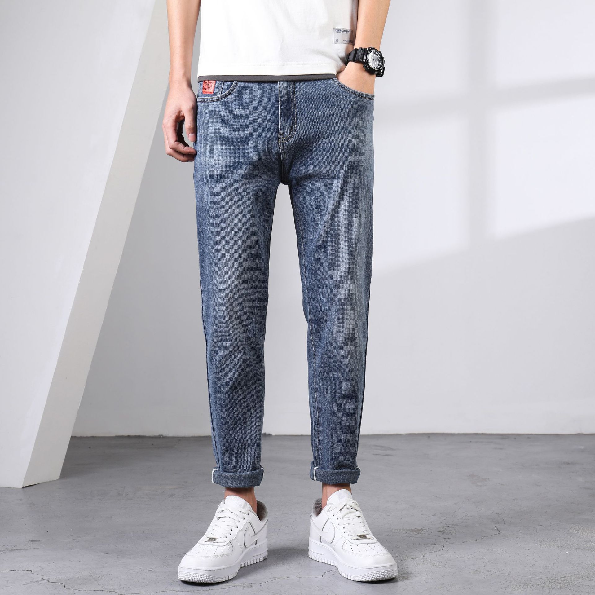 Pantalones vaqueros de los hombres pantalones cortos cuatro estaciones regular 2023 nuevo elástico slim fit pequeño recto otoño casual pantalones largos