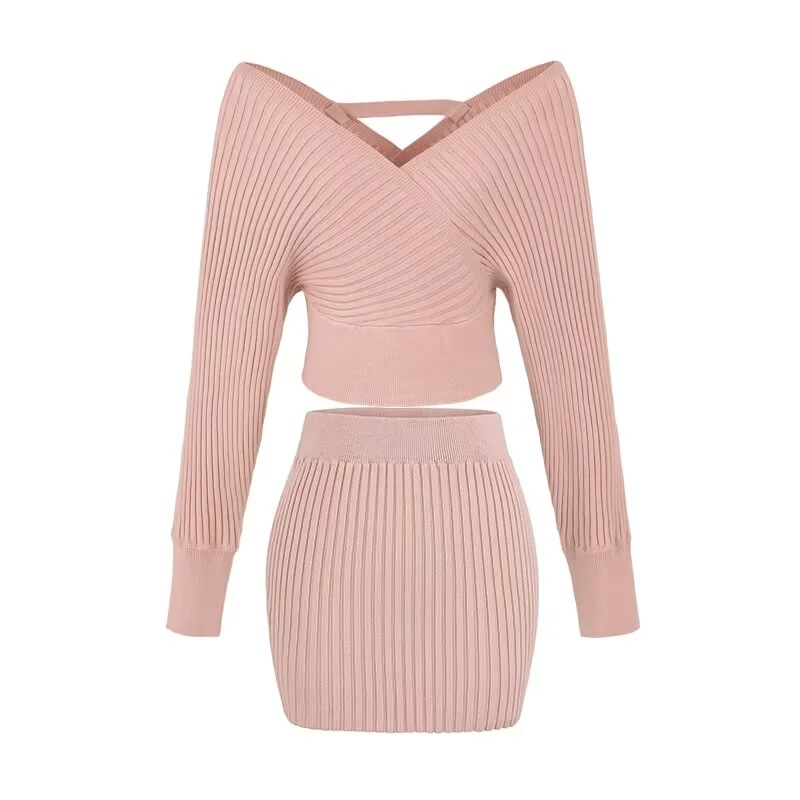 Pure Desire Style V-Neck Cross-Strap Long-Sleeve Knitwear Set, Spring High-Waisted Slim-Fit Hip-Hugging Skirt Two-Piece Set