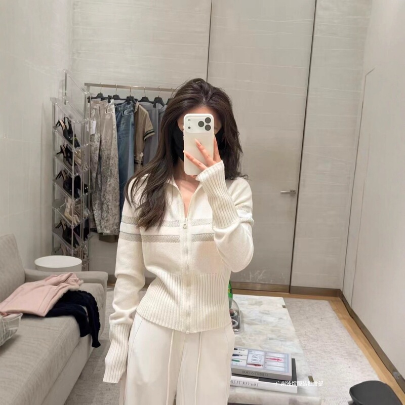 In-Stock Yb Development D Brand Gold-Thread Three-Dimensional Five-Pointed Star Navy Collar Zipper Waist-Cinching Long-Sleeve Slimming and Brightening Cardigan