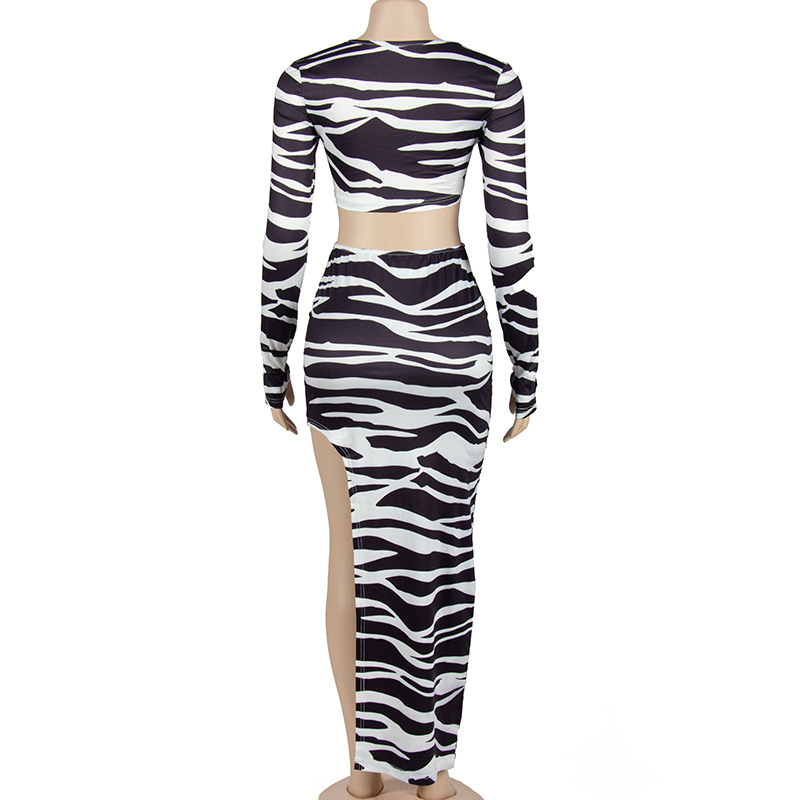 Autumn Zebra Print Long Sleeve Lace up Cropped Top Split Set