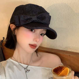 韩系复古牛仔蝴蝶结平顶马术帽女夏季气质显脸小遮阳鸭舌贝雷帽子