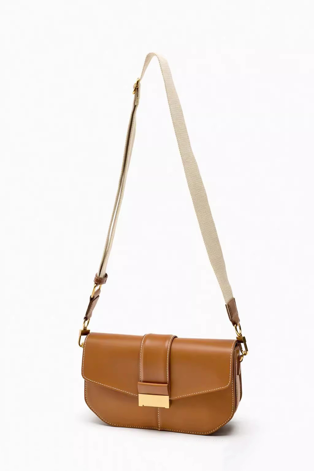 Single Shoulder Strap, Sling Strap Strap Type Women's Pu Leather Solid Color Classic Style Sewing Thread Square Flip Cover Crossbody Bag