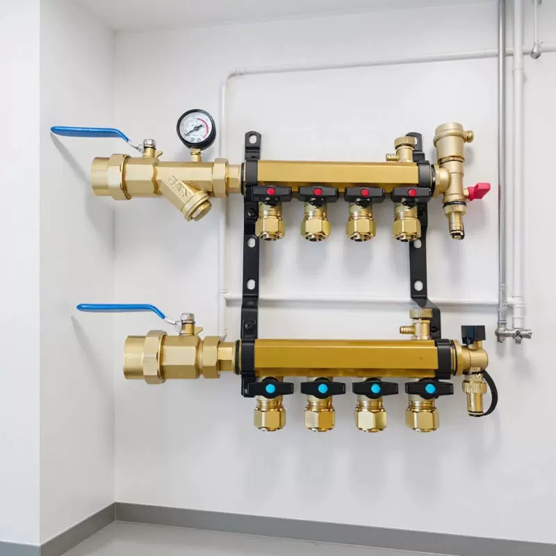 纯铜锻压烤漆大流量地暖分水器地热分集水器全铜加厚地热管分水器