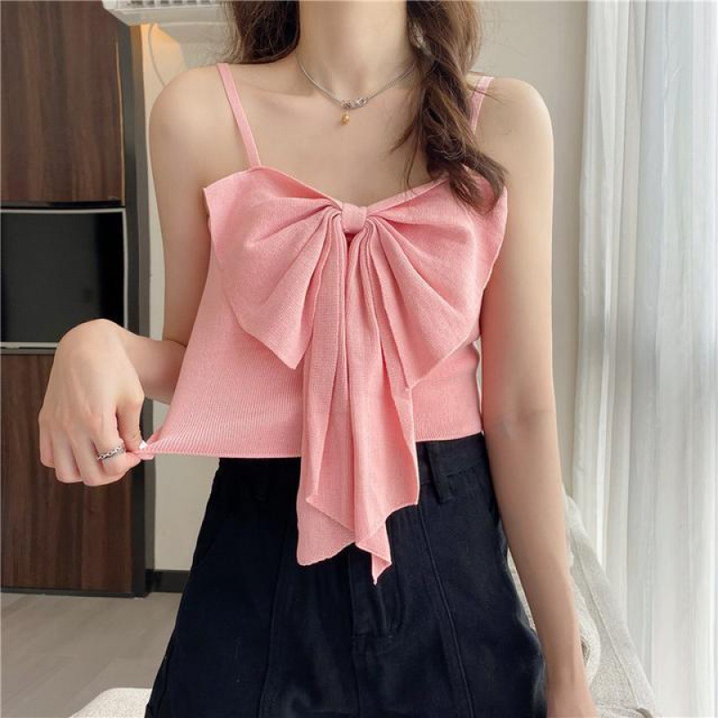 Knitted sexy base tank top with bow sleevless