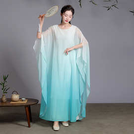 新款秋夏渐变大摆雪纺文艺复古仙气茶艺服禅意服舞蹈连衣裙女