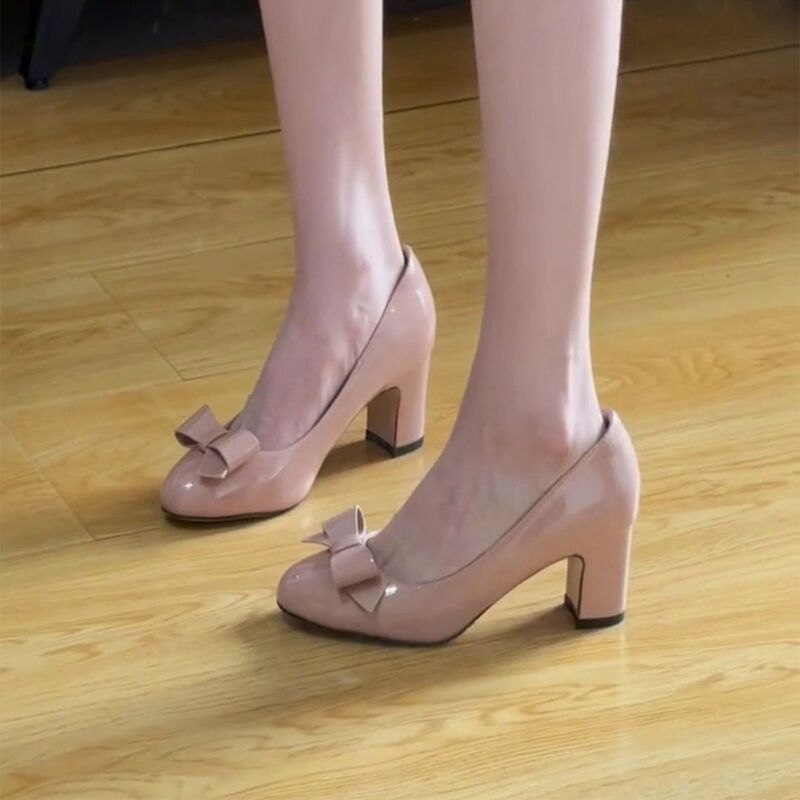 Nude-Colored Round-Toe Bowknot Shallow Pumps 2025 Spring and Autumn New French Design Style to Match with Skirts, Chunky High Heels Nude-Colored Round-Toe Bowknot Shallow Pumps 2025 Spring and Autumn New French Design Style to Match with Skirts, Chunky High Heels