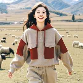 燕麦灰拼接工装连帽卫衣女秋冬慵懒风休闲松弛感穿搭宽松外套