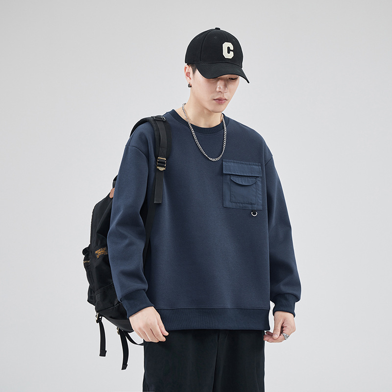 潮牌の衛衣の男性の秋の項のゆったりしている丸首の長袖のtシャツの重いポンドの紳士服の上で服の潮流のプルオーバーの底のシャツ|undefined
