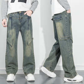 重工宽松直筒牛仔裤男2025新款秋冬显瘦个性拼接潮牌阔腿裤子跨境